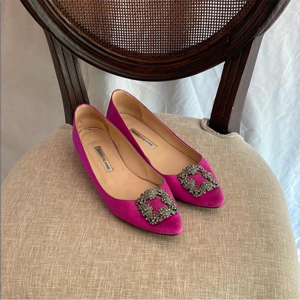 Manolo Blahnik Fuchsia Flats with Crystal Buckle